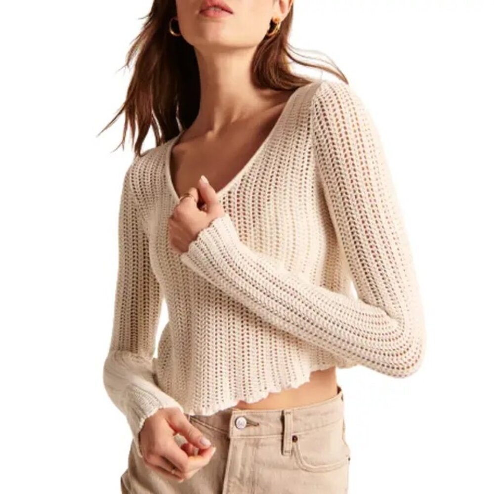 Long Sleeve Crochet Scoopneck Crop Top